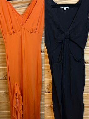 Orange Ruffle V‑Neck Dress & Black Ribbed Maxi Tie‑Front Dress BUNDLE